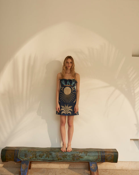 Victoria Cotton Mini Dress / Blue Garden