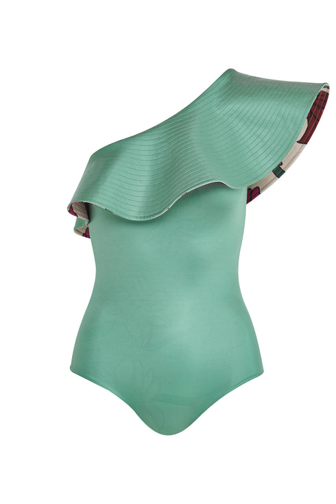 Tucan One Piece / Beige Fuchsia Flowers-Mint