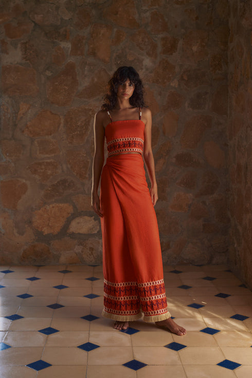 Guainia Linen Midi Skirt / Red Embroidered