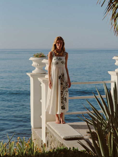 Noelia Embroidered Linen Midi Dress / Ivory Green Buganvilias