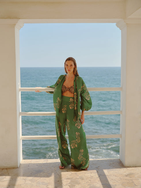 Fiol Cotton Silk Pants / Green Buganvilias