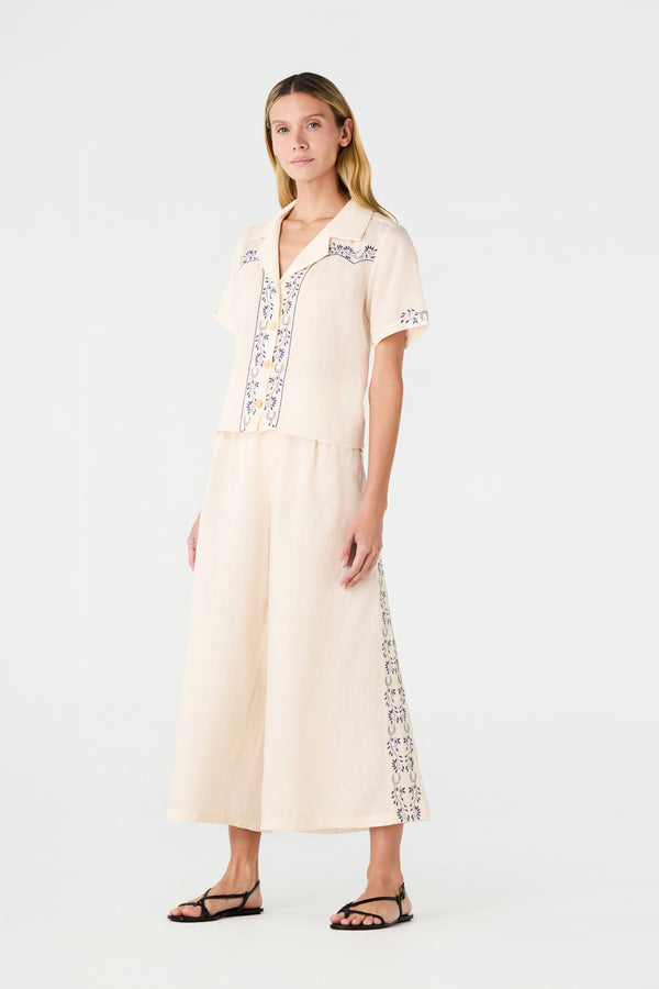 El Jared Linen Embroidered Shirt / Ivory Blue Horseshoes