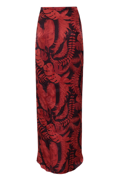 Full-length silk jacquard pants in a red and black cherry rainforest tropical leaf print.