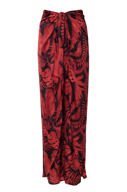 La Bamba silk jacquard pants in cherry rainforest print with a draped, skirt-like silhouette.