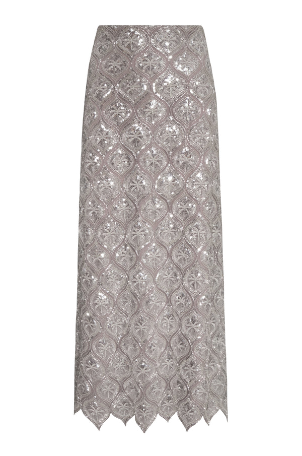 Sultana Palms Sequined Midi Skirt / Silver