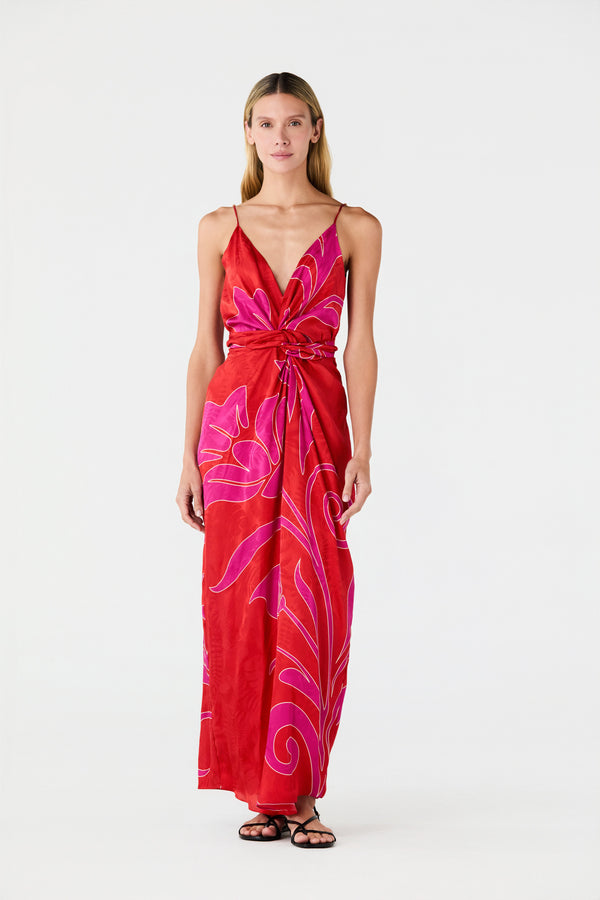 Macarena Silk Jacquard Midi Dress / Red & Fuchsia Maxi Buganvilia