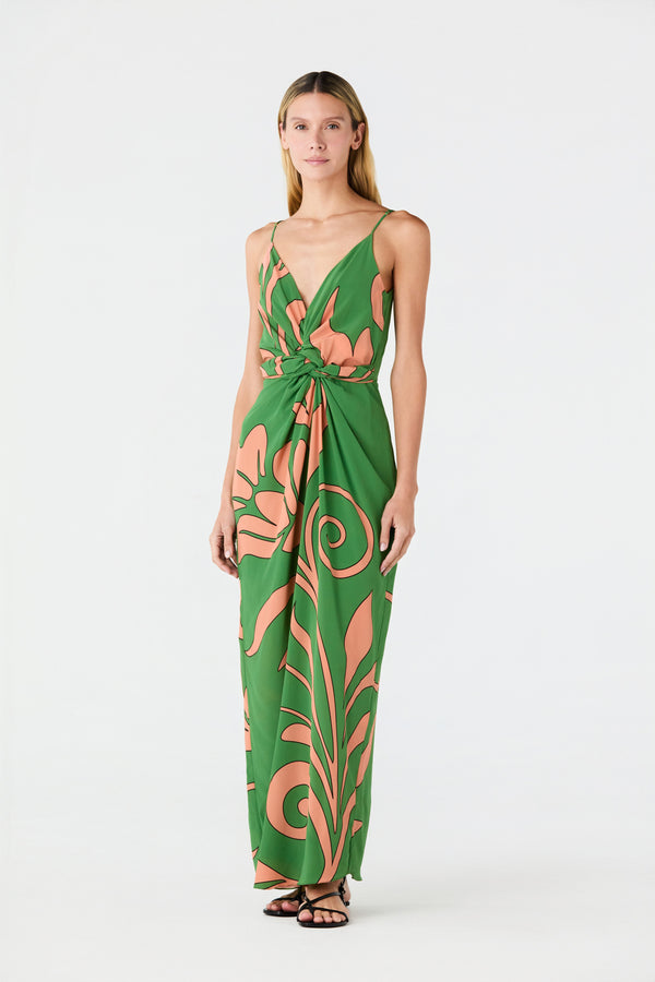 Macarena Silk Midi Dress / Green Buganvilia