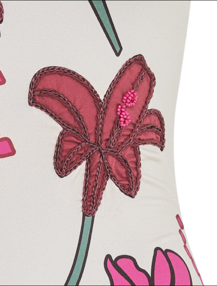Torre Del Cielo Embroidered One Piece / Beige Fuchsia Flowers
