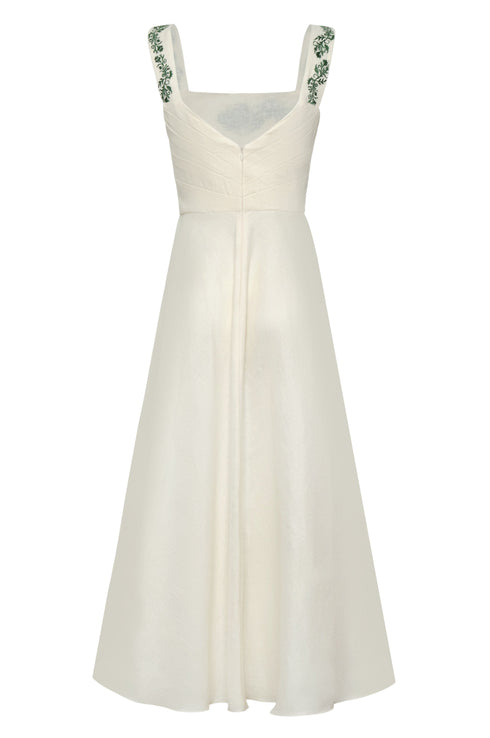 Noelia Embroidered Linen Midi Dress / Ivory Green Buganvilias