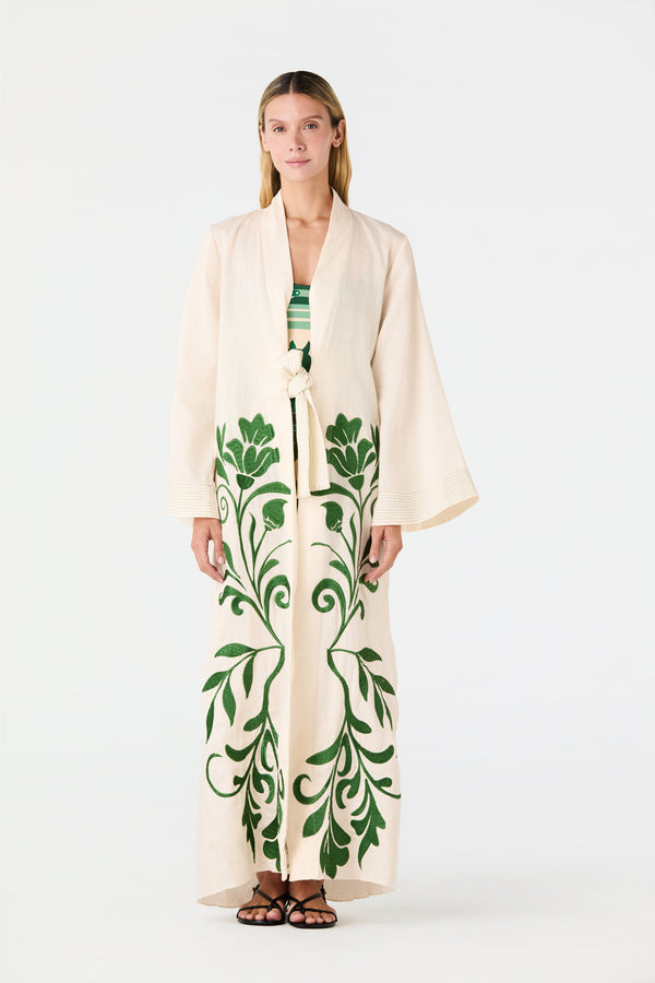 Rafaela Embroidered Kaftan / Ivory Green Buganvilias