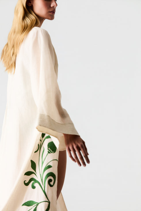 Rafaela Embroidered Kaftan / Ivory Green Buganvilias