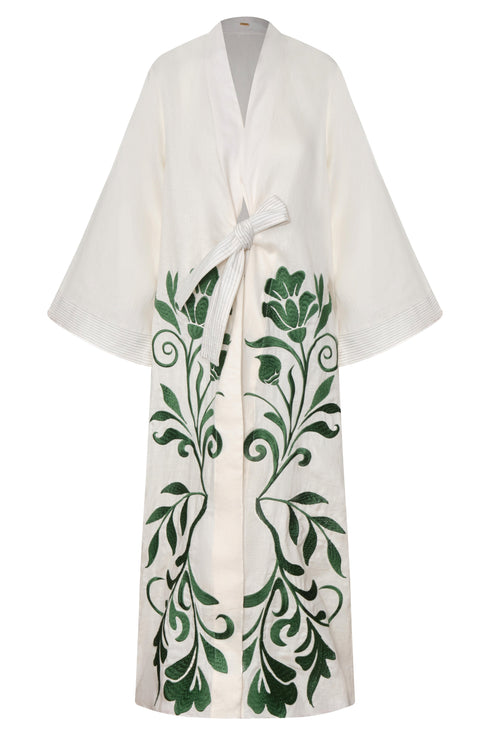 Rafaela Embroidered Kaftan / Ivory Green Buganvilias