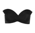 A strapless black bikini top with a sweetheart neckline and a structured, fold-over trim.