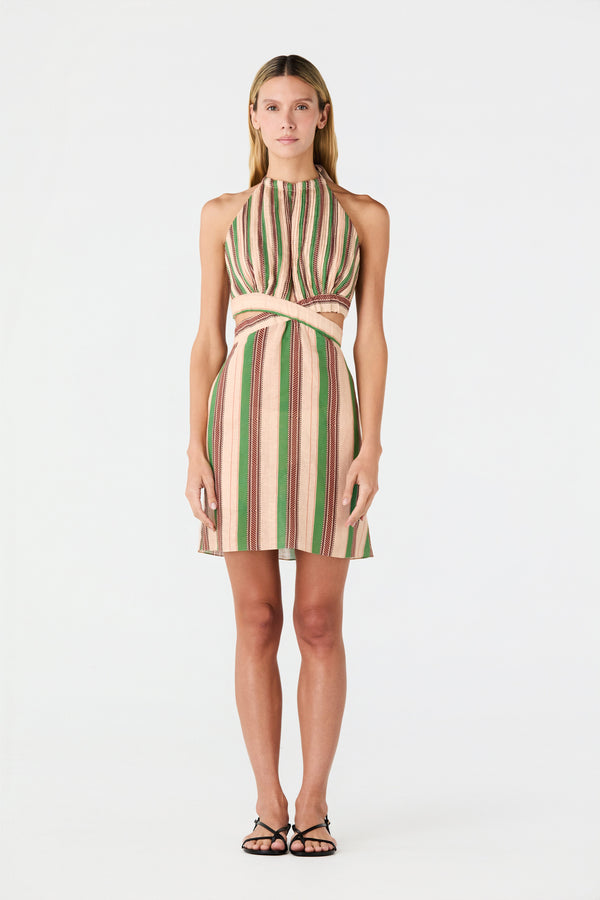 San Agustín Linen Mini Dress / Green Artisanal Stripes