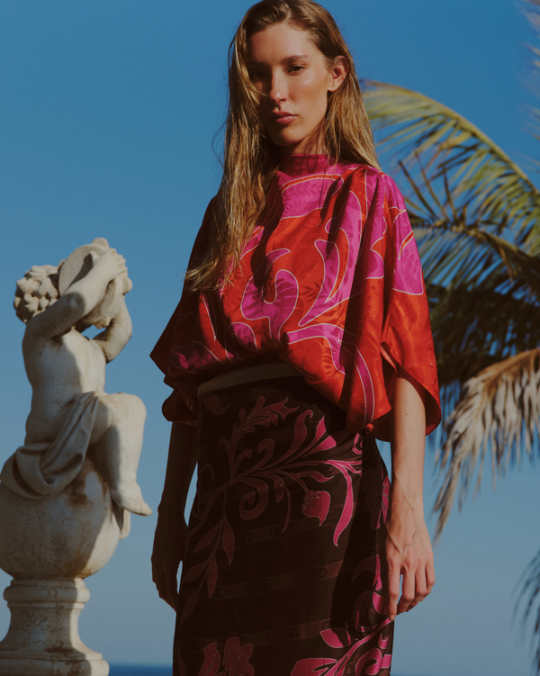 Manzanares Silk Jacquard Blouse / Red & Fuchsia Maxi Buganvilias