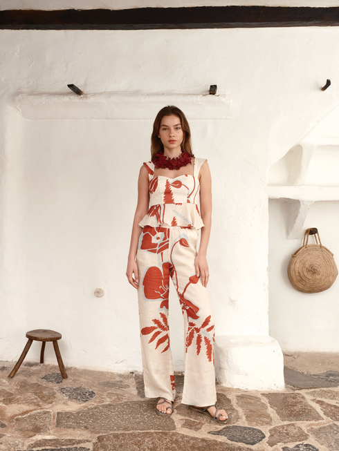 Joao Linen Pants / Ecru - Orange Gladiolos