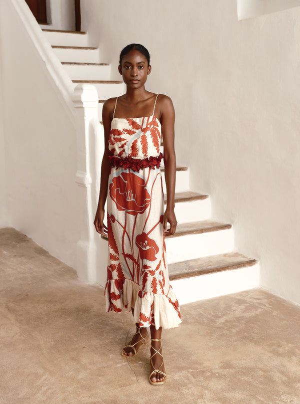 Madeira Linen Midi Dress / Ecru - Orange Gladiolos