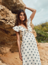 Quetzal Martellato Silk Midi Dress / Ivory - Black Polka Palms