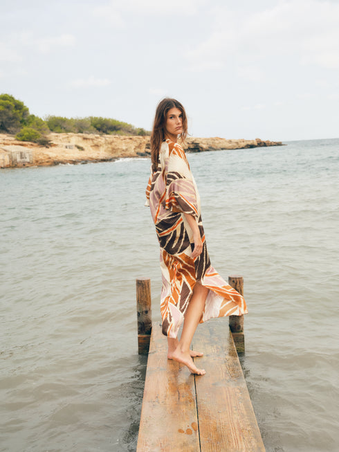 Mercedes Satin Silk Closed Tunic / Lilac Platanera Leaves