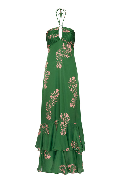 Sevillana Cotton Silk Maxi Dress / Green Buganvilias