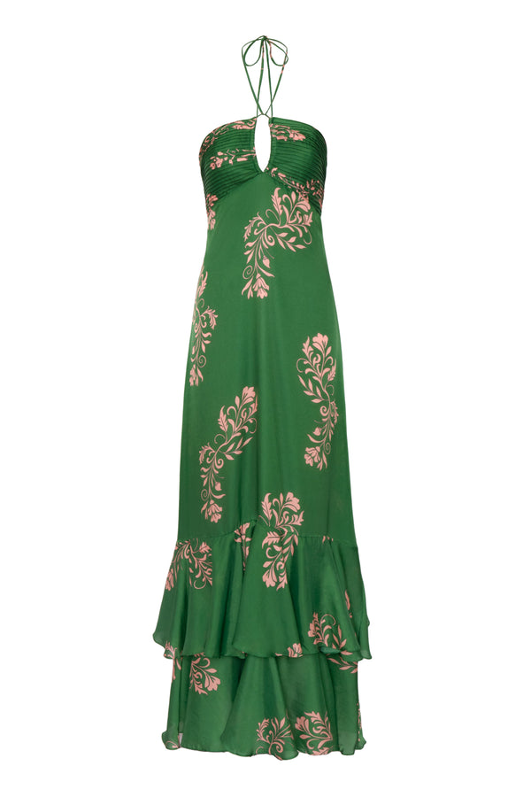 Sevillana Cotton Silk Maxi Dress / Green Buganvilias
