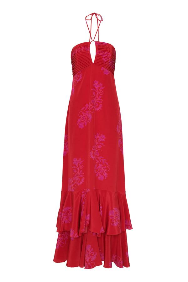 Sevillana Silk Crepe Maxi Dress / Red & Fuchsia Buganvilias