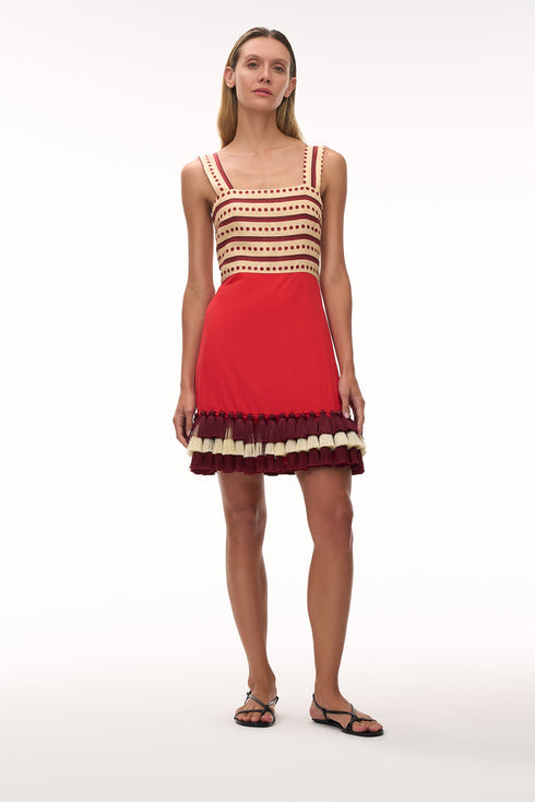 Micaela Linen Mini Dress / Red Stripes & Handmade Wine Tassels
