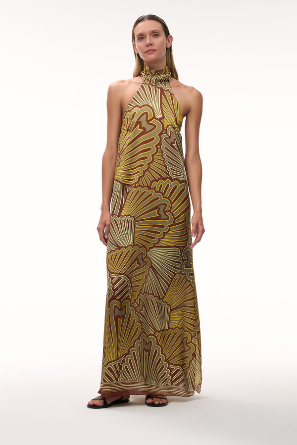 Costa Pacifica Satin Silk Midi Dress / Yellow Intricate Shells