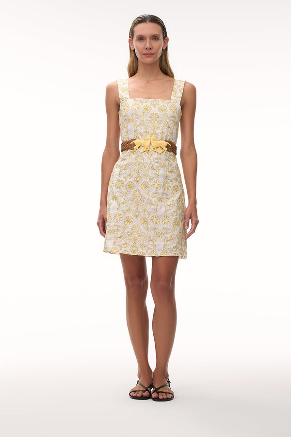 Micaela Embroidered Linen Mini Dress / Yellow Flowers