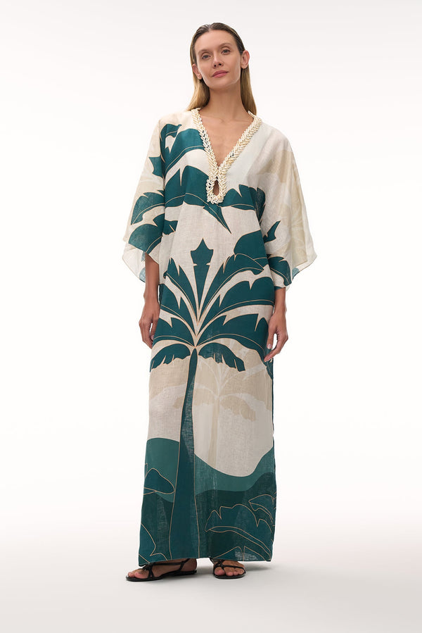 Full-length linen tunic in aquamarine palm print with hand-embroidered shell neckline.