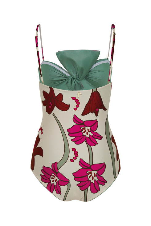 Malaga One Piece / Beige Fuchsia Flowers