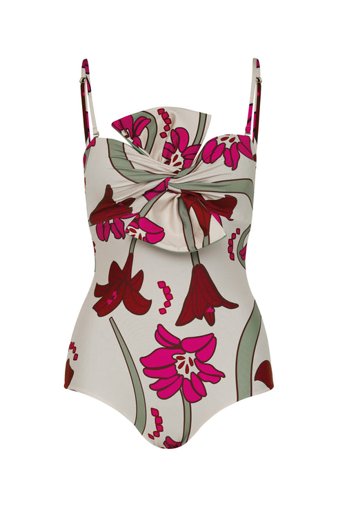 Malaga One Piece / Beige Fuchsia Flowers