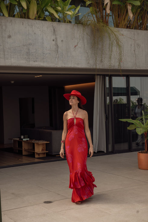 Sevillana Silk Crepe Maxi Dress / Red & Fuchsia Buganvilias