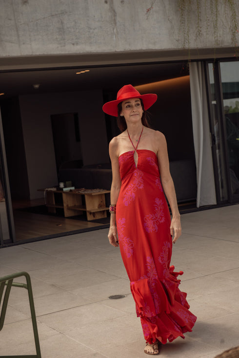 Sevillana Silk Crepe Maxi Dress / Red & Fuchsia Buganvilias