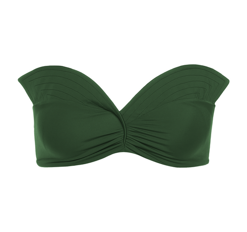 Strapless dark green bikini top with a sweetheart neckline and decorative pleated fold-over trim.