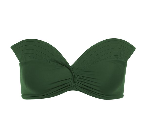 Strapless dark green bikini top with a sweetheart neckline and decorative pleated fold-over trim.