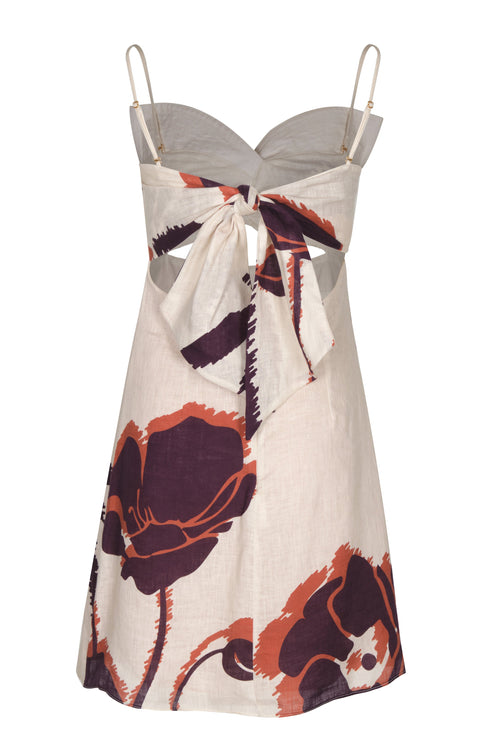 Victoria Linen Mini Dress / Ecru - Purple Gladiolos