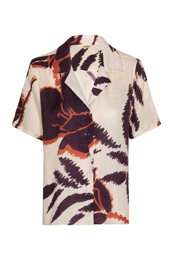 Tomaso Linen Shirt / Ecru - Purple Gladiolos