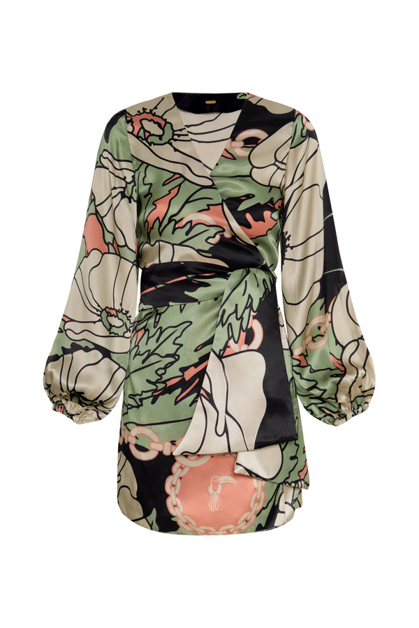 Tertulia Satin Silk Mini Dress / Sage Gladiolos Garden