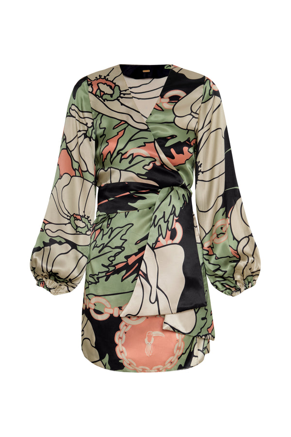 Tertulia Satin Silk Mini Dress / Sage Gladiolos Garden