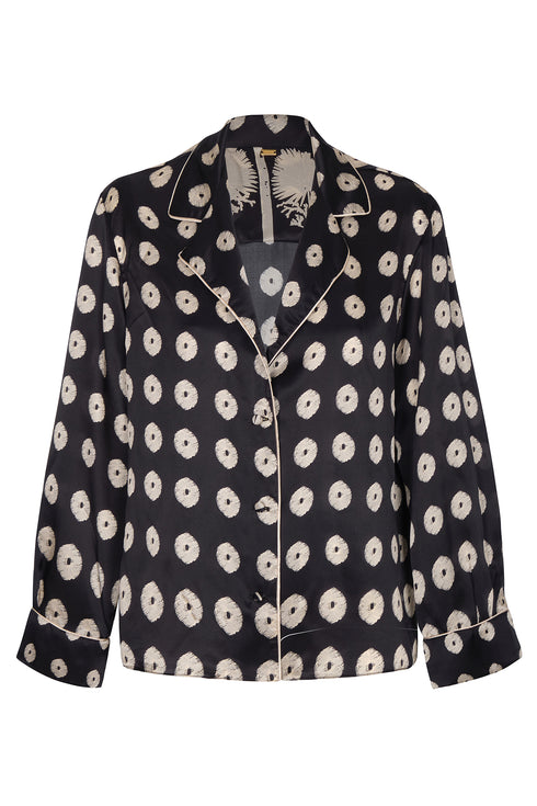 Noches de Luna Satin Silk Blouse / Black Mini Palms Cream