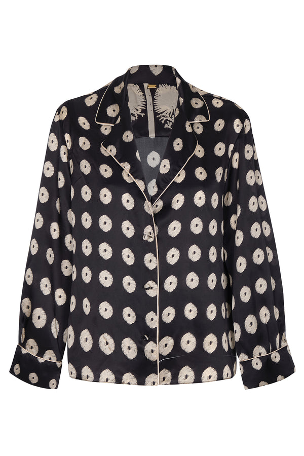 Noches de Luna Satin Silk Blouse / Black Mini Palms Cream