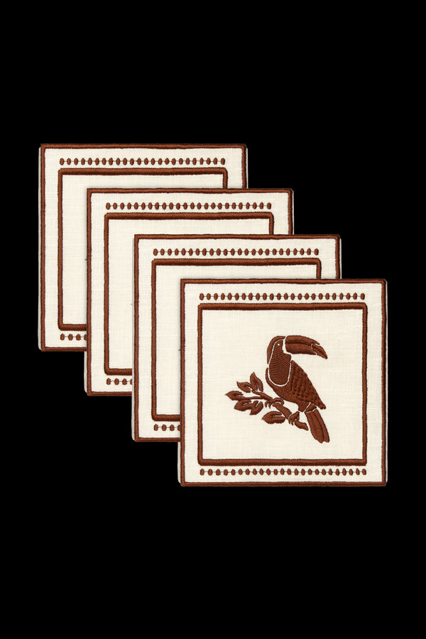 Tucan Linen Cocktail Napkin Set of 4 / Brown