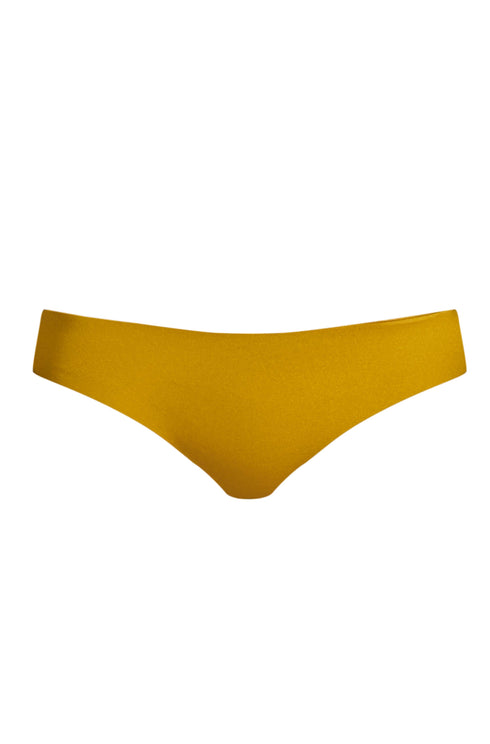 Low-rise yellow bikini bottom with a clean, minimal cut and a subtle metallic finish.
