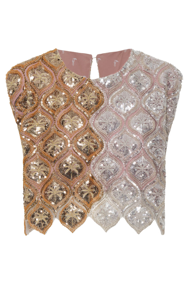 Montera Palms Sequined Top / Silver y Gold