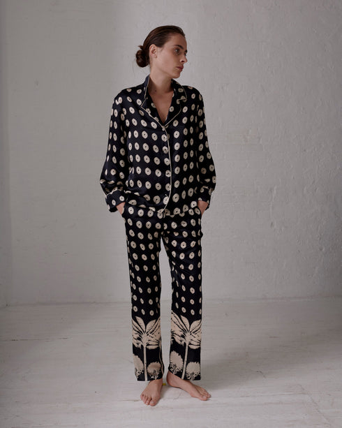 Santo Tomas Satin Silk Pants / Black Mini Palms Cream