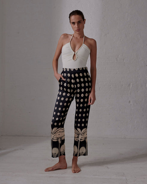 Santo Tomas Satin Silk Pants / Black Mini Palms Cream