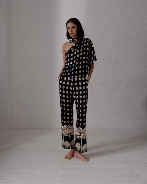 Santo Tomas Satin Silk Pants / Black Mini Palms Cream