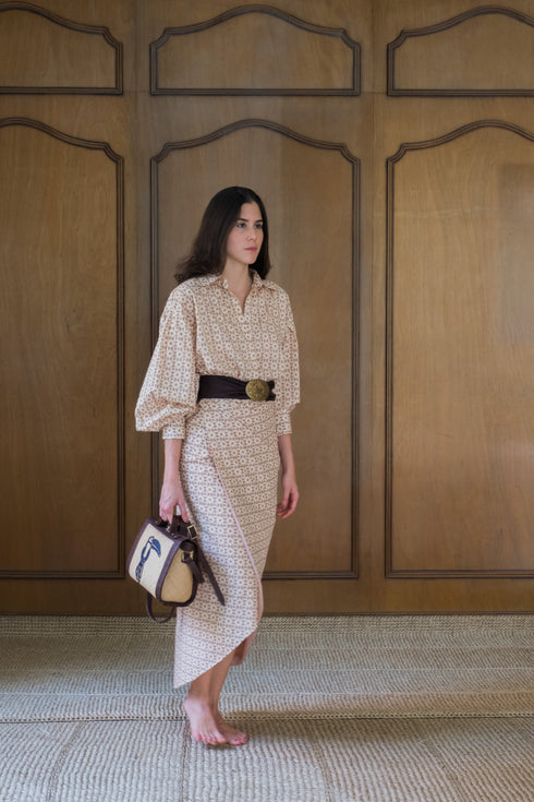 Siboney Cotton Bio Wrap Midi Skirt / Beige May Flower