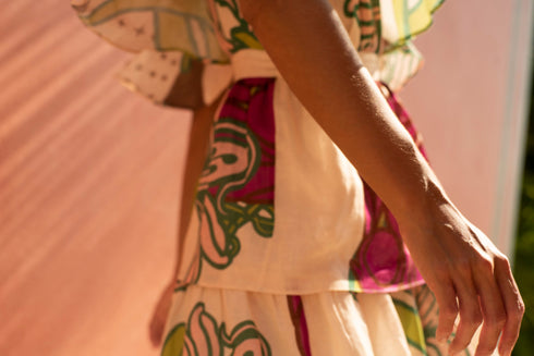 Boho Linen Mini Dress / Beige Moon Garden